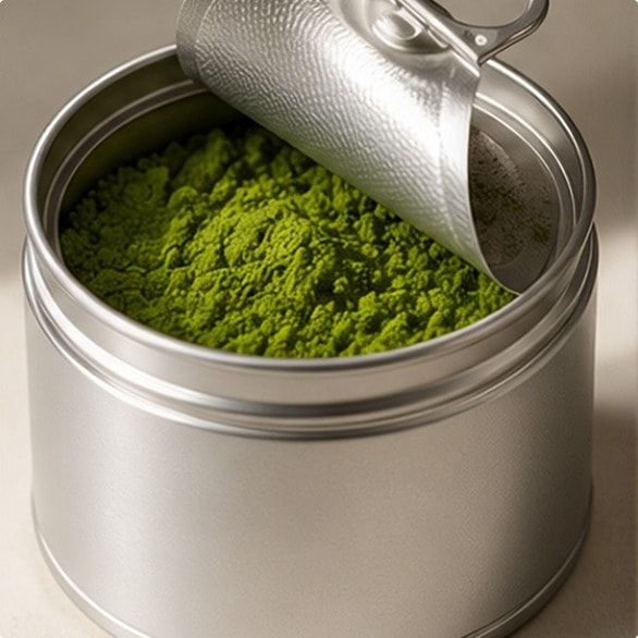 Matcha powder being filled straight into a tin