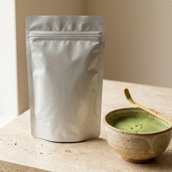 A white zip pouch standing next to a bowl of matcha