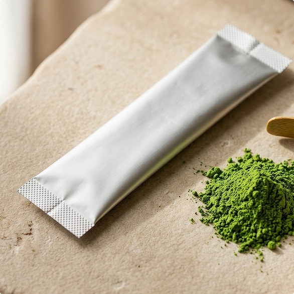 A sealed white sachet next to a mound of matcha