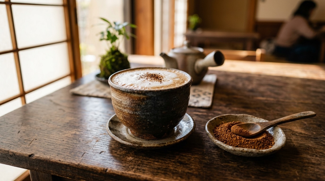 A hojicha latte in a stoneware cup beside a dish of roasted hojicha powder on a wooden table