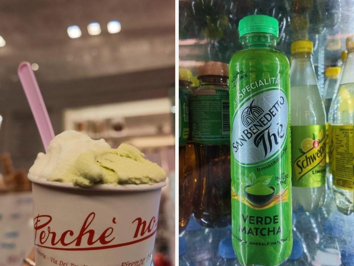 Matcha green tea gelato in a Perché no! cup in Florence, and a bottle of San Benedetto Thè Verde Matcha in a café fridge next to lemon soda