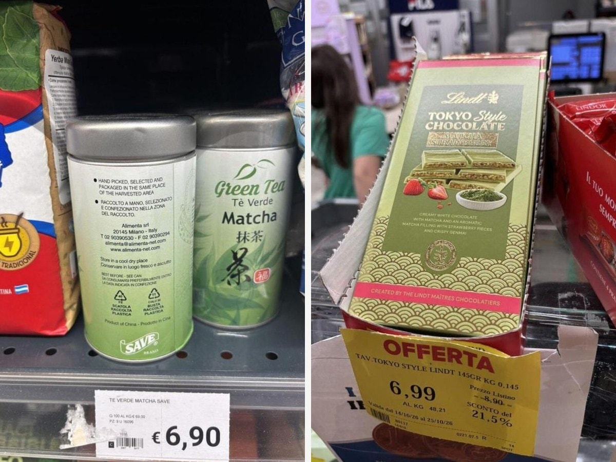 SAVE-brand green tea matcha tins on a Rome supermarket shelf priced €6.90 for 100 g, and a Lindt Tokyo Style Matcha Strawberry chocolate bar on offer at €6.99 at a checkout in Pescara