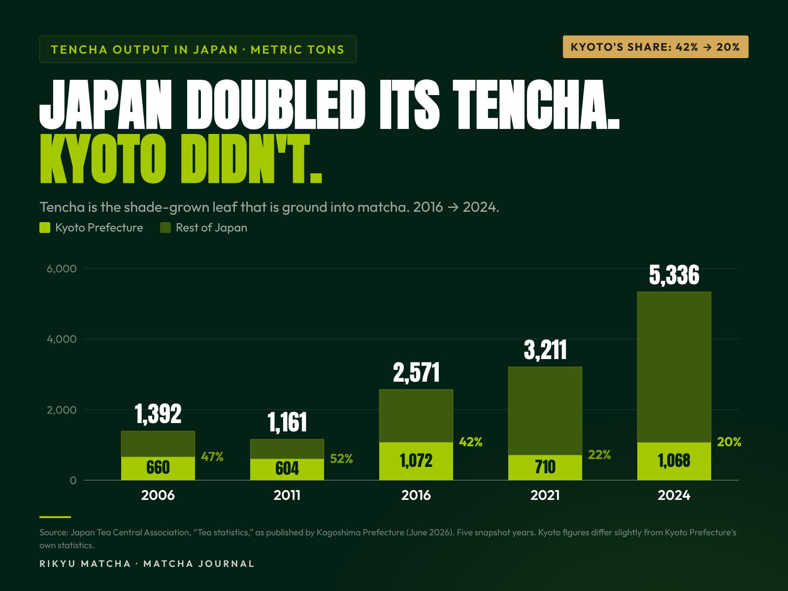 Stacked bar chart: Japan's tencha output rose from 2,571 tons in 2016 to 5,336 tons in 2024 while Kyoto stayed near 1,070 tons, so Kyoto's share fell from 42% to 20%.