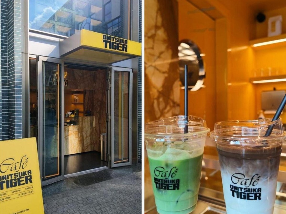 Café Onitsuka Tiger in Milan: the yellow storefront sign reading Coffee, Matcha, Snacks, and an iced matcha latte with oat milk in a branded cup