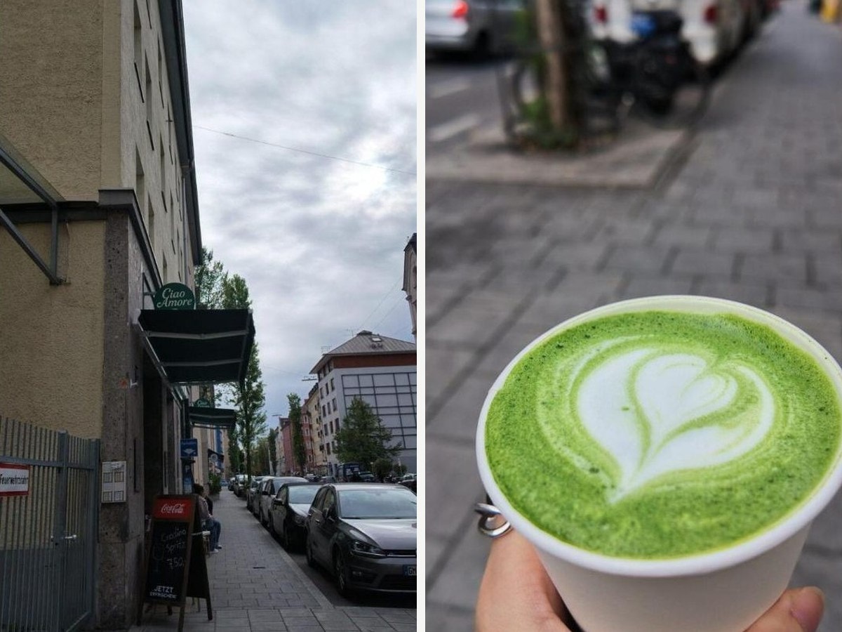 Ciao Amore café storefront on a Munich street, and a hand holding its €5.90 matcha latte with heart latte art