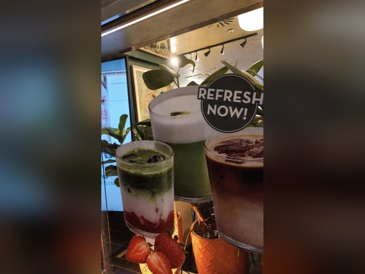 dean & david window display with a layered strawberry matcha