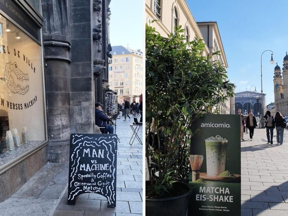 Man vs Machine and amicomio matcha signboards in Munich