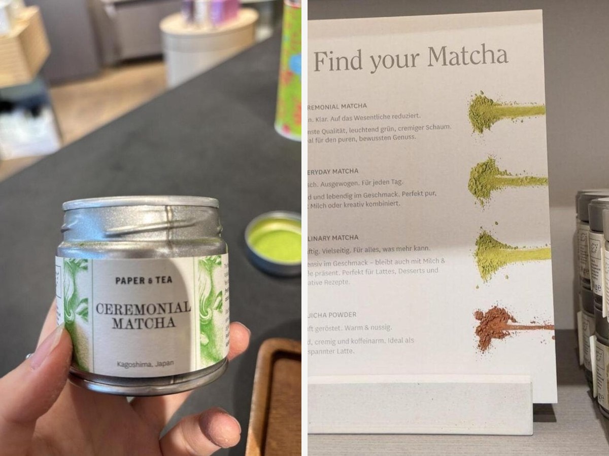 P&T (Paper & Tea) ceremonial matcha tin labelled Kagoshima, Japan, next to the shop's Find your Matcha guide card showing ceremonial, everyday, culinary and hojicha powders