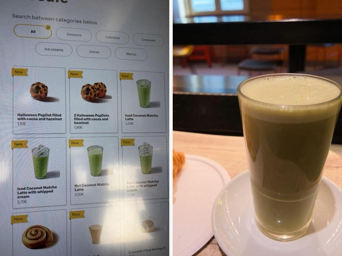 McCafé digital menu in Rome showing iced and hot coconut matcha lattes at €2.50, and the actual coconut matcha latte served in a glass, a dull khaki green